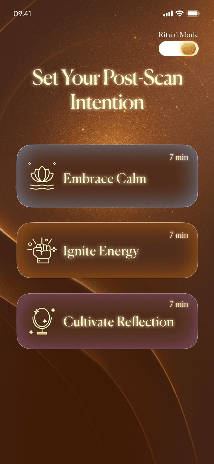 Healux Set Your Post-Scan Intention screen with Embrace Calm, Ignite Energy and Cultivate Reflection