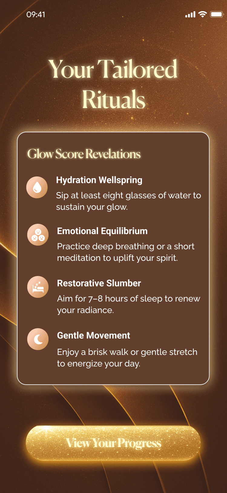 Healux Tailored Rituals screen listing hydration, emotional equilibrium, sleep and movement tips